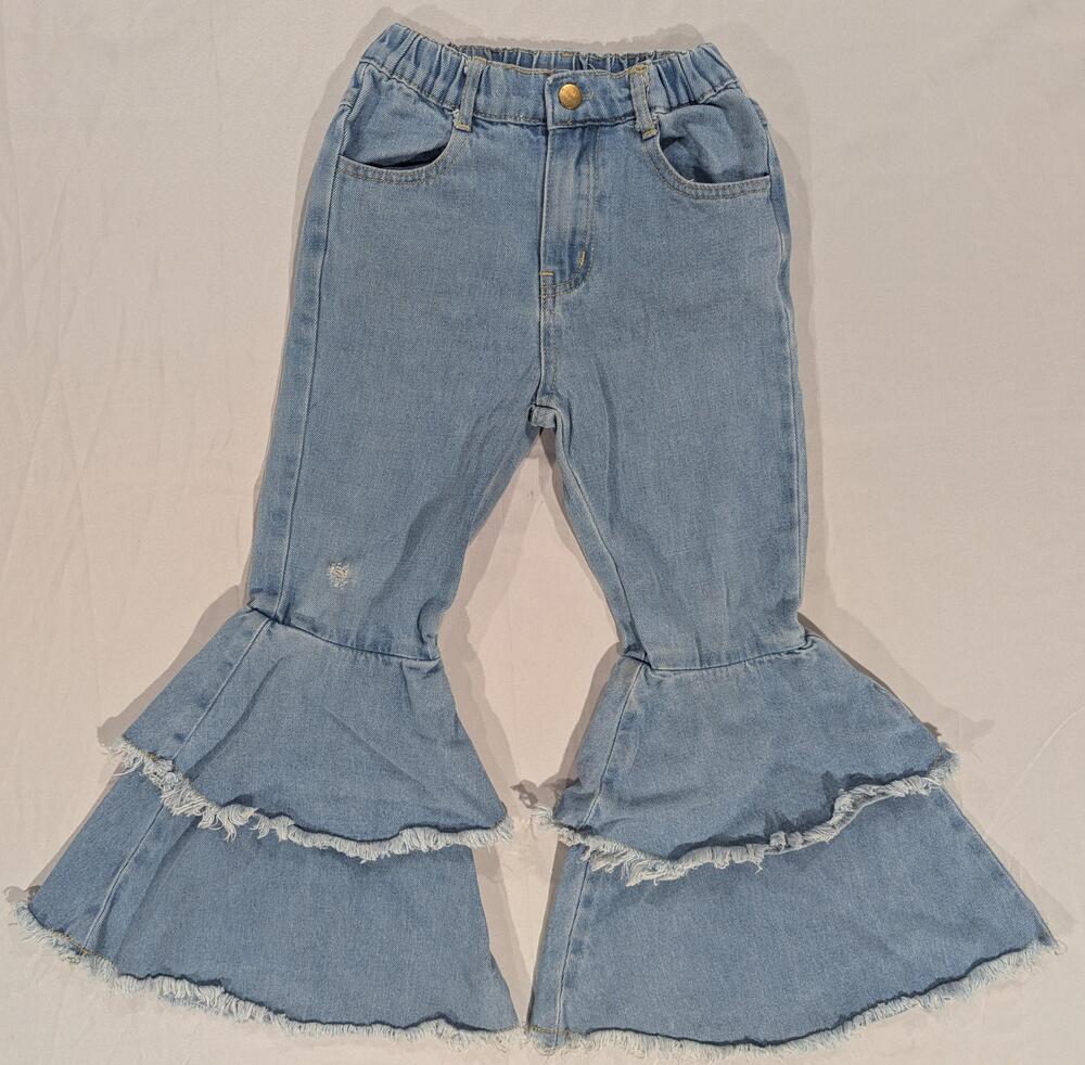 SHEIN Jeans Girls 8 Blue Denim Flare Ruffle Bell Bottom Elastic Waist Frayed Hem